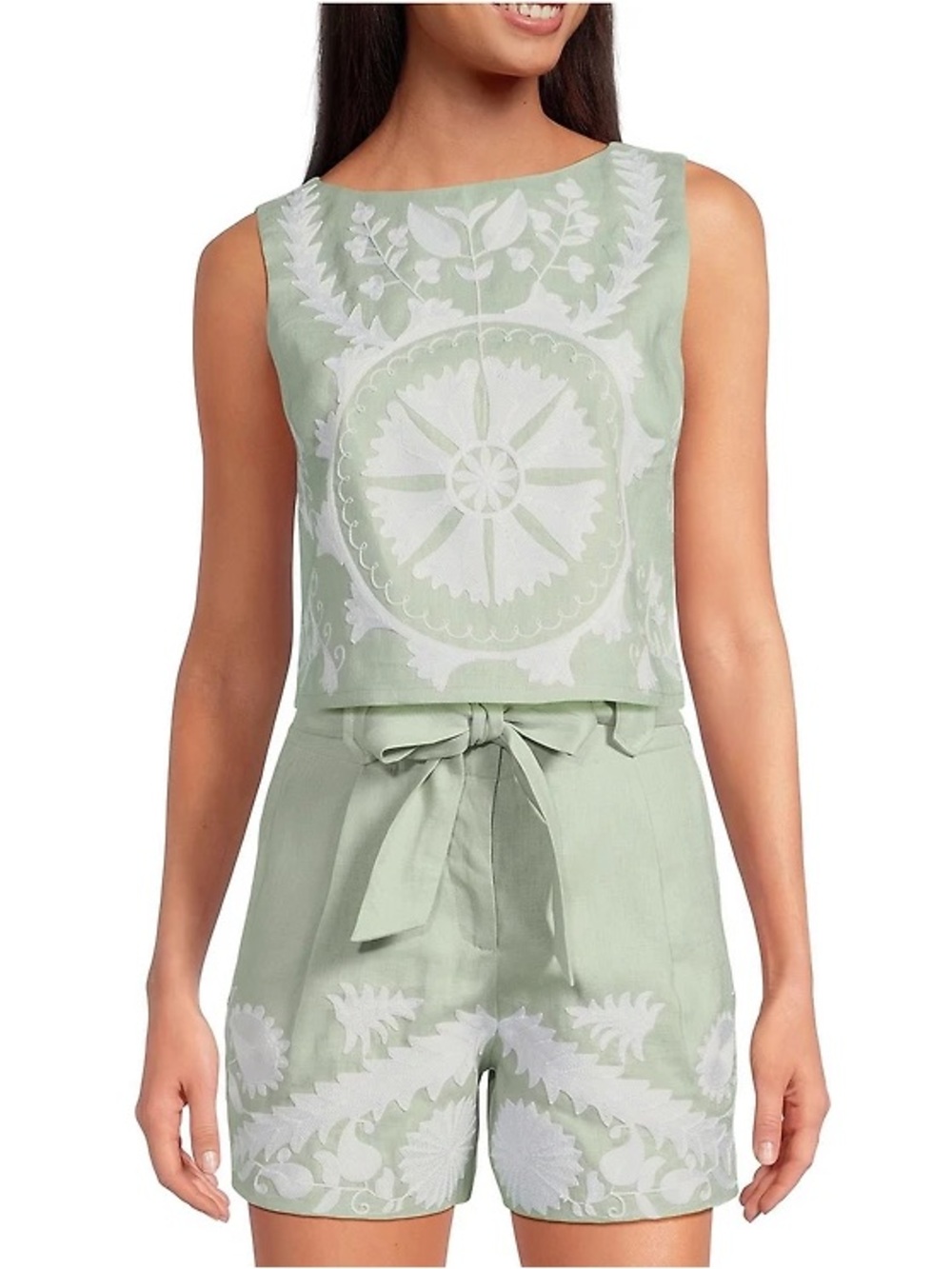 Sage Green Embroidered Crop Top & Tie-Waist Shorts Set